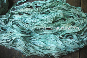 Recycled Sari Silk, Aqua Seafoam Mix, 5 Yards, Aqua Blue Patina Ribbon Yarn, ArtWear Elements